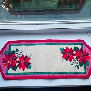 Essential Home Christmas Table Runner Red Poinsettia Quilted Plaid Holly Holiday